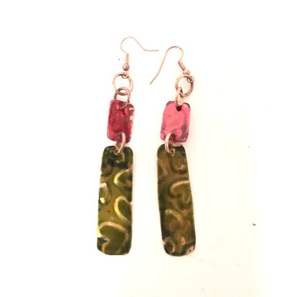 Green Red Pure Hand Painted Solid Copper Dangle Earrings Boho Christmas Gift - Picture 9 of 13